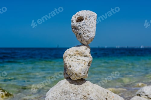 Preview: Heap Of Stones- Cobble. Boulders On The Beach On Background Of Blue Sky- Abstract Natural Landscape