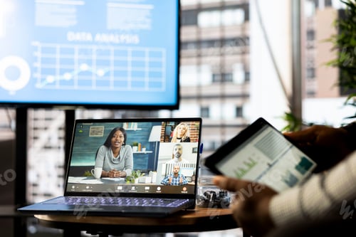 Preview: Company CEO attends videocall conference to discuss about new business vision