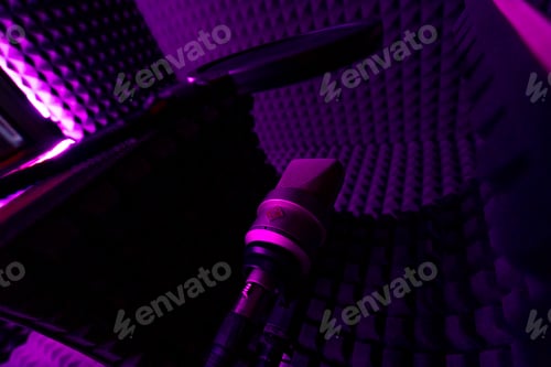 Preview: professional recording studio equipment for recording a song microphone on stand close-up purple neo