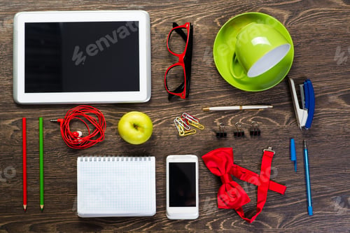 Preview: items laid on the table, still life