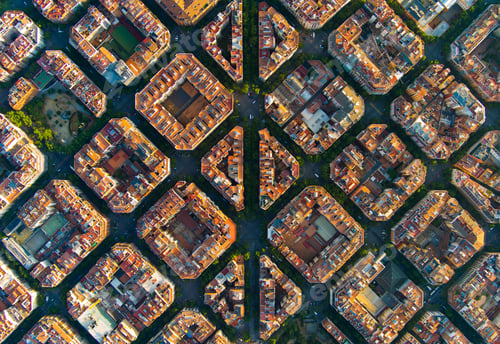Preview: Aerial view of typical buildings of Barcelona cityscape. Eixample residential famous urban grid