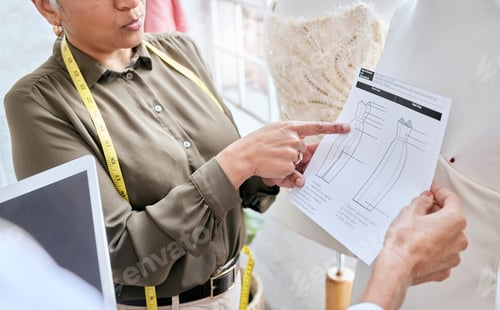 Preview: Fashion design sketch, team and women point at paper illustration, clothes service or creative stud