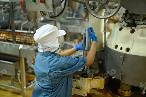 Preview: Factory worker adjusting industrial machinery in a canned fish processing plant