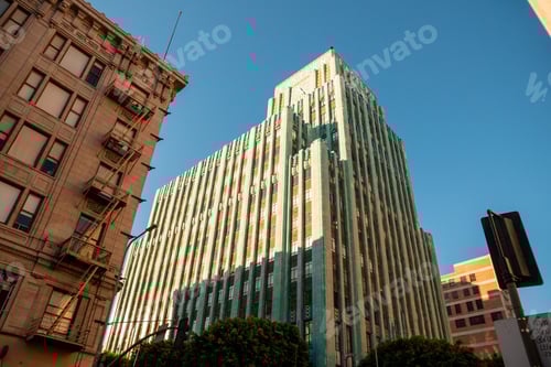 Preview: Low angle of a high Broadway Building in Los Angeles, California with sunlight