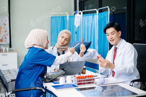 Preview: Medical professionals in modern hospital collaborating on patient care, research, and diagnosis.