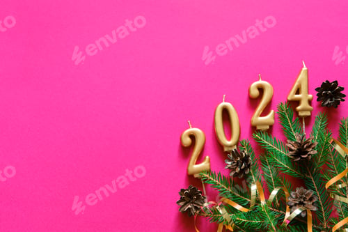 Preview: Pink Christmas background. Top view photo of Christmas tree branches and cones with empty space.