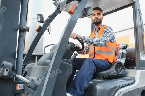 Preview: Waving forklift driver in the warehouse of a haulage company while driving forklift