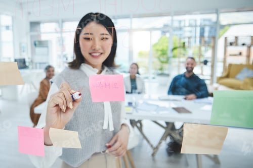 Preview: Woman, glass board and planning, writing and sticky note with team leader, workshop business ideas