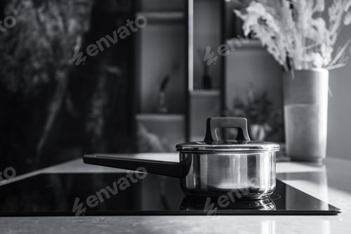 Preview: Grayscale shot of a pan on the stove in the modern kitchen interior