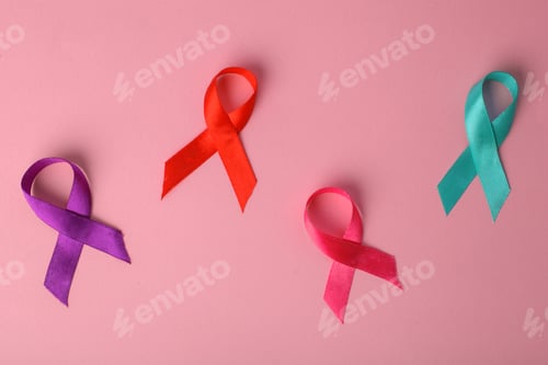 Preview: World Cancer Day. Colorful Awareness Ribbons; Purple, Red, Pink And Green Color Support People