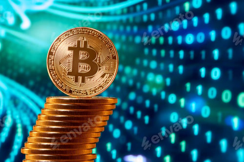 Preview: Stack of golden bitcoins with one bitcoin on its edge placed on blurred blue background