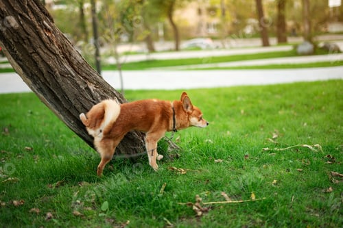 Preview: Red dog peeing on a tree in the autumn park.