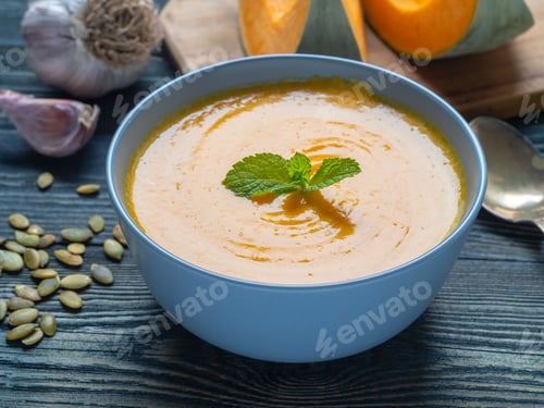 Preview: Bowl of Pumpkin Soup with Fresh Mint Garnish