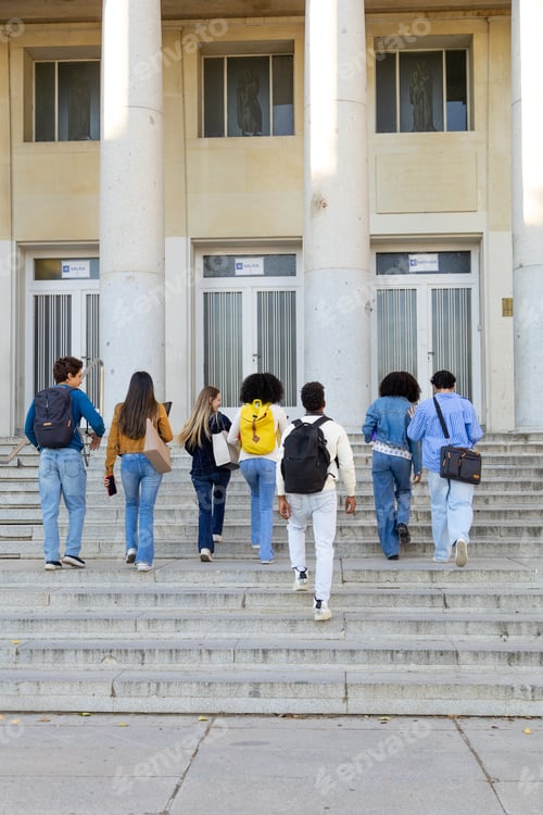 Preview: Diverse students walking up university building stairs