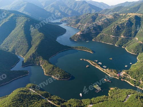 Preview: Aerial panoramic view of Vacha Reservoir located in Bulgaria near the Devin city, Rhodopa Mountains