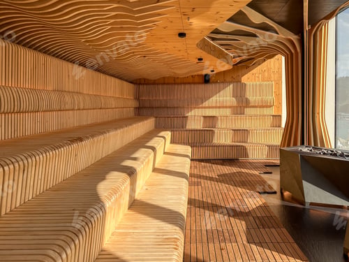 Preview: Architectural sauna interior. Wooden waves. Premium wellness