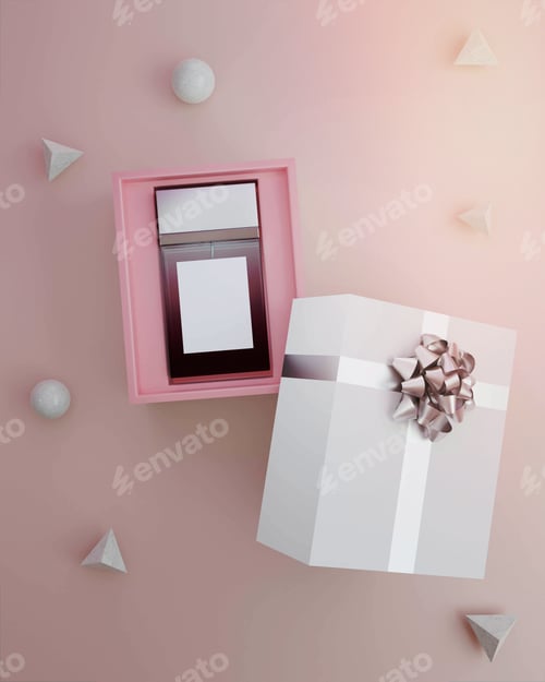 Preview: Pink box with an empty and blank perfume bottle inside, against a pink background, with copy space