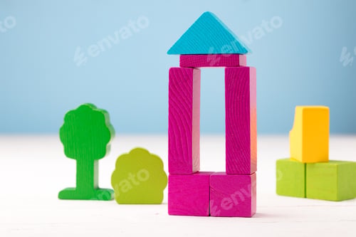 Preview: Wooden toy building kit details on blue background