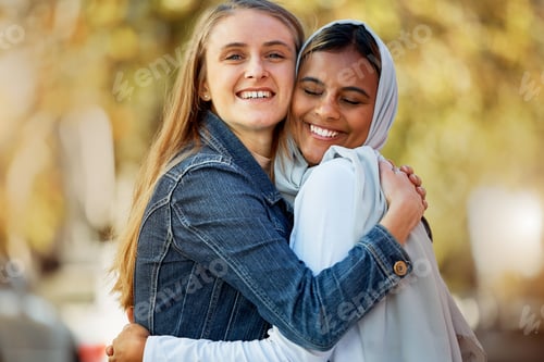 Preview: Portrait, hug and love with a friends in the park together during summer on a blurred background. H