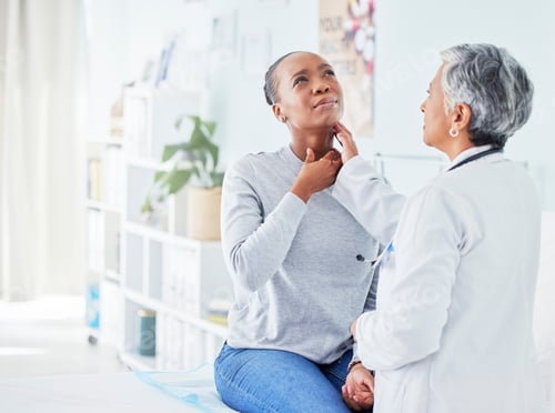 Preview: Patient, doctor and hospital for sore throat of woman for virus, pain or infection. Healthcare work