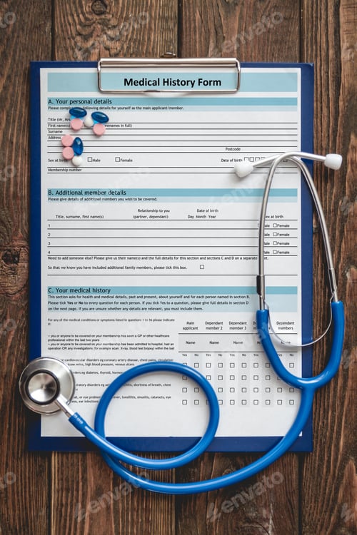 Preview: Patient medical history on a clipboard with stethoscope