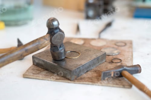 Preview: Top view jewelry maker workbench with tools on table.