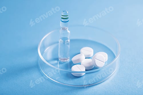 Preview: Closeup shot of white pills and a vial of clear liquid in a glass dish at a lab