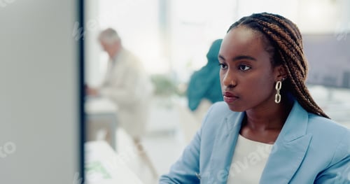 Preview: Business, computer and working black woman in office reading, typing and review online marketing st