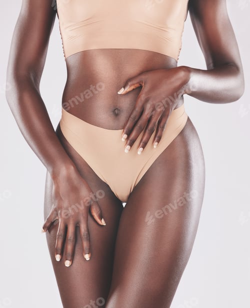 Preview: Body, hands and beauty with a model black woman in studio on a gray background wearing underwear. H