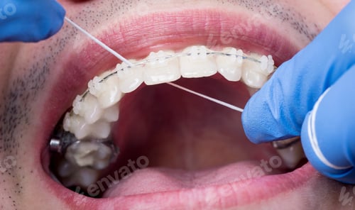 Preview: Dentist cleaning teeth with ceramic brackets, using floss at the dental office.
