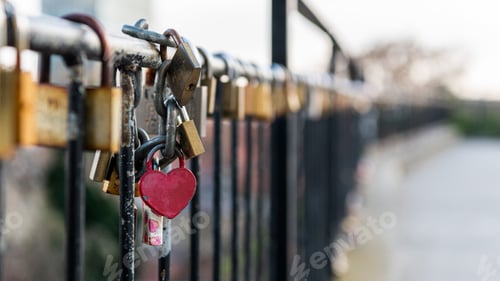 Preview: Heart-shaped padlock locked on the fence