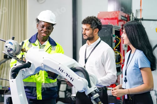 Preview: Robotic Arm engineer check on equipment in its with software of Artificial Intelligence Unit.