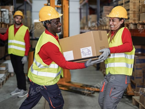 Preview: Staff working in warehouse with protective wear