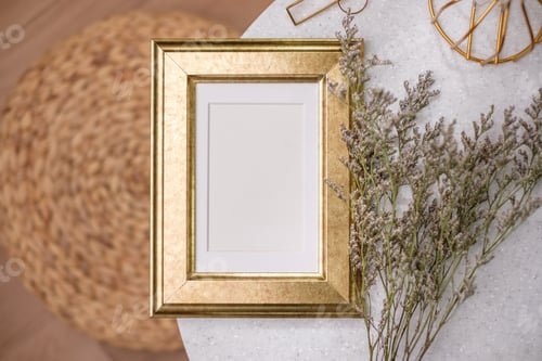 Preview: mockup gold photo frame on white stone round table with sunlight