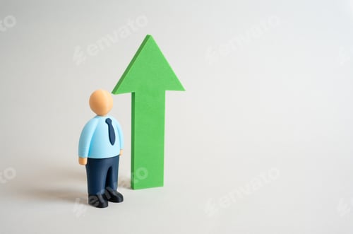 Preview: An office worker and a green arrow pointing upward. Personal growth and promotion