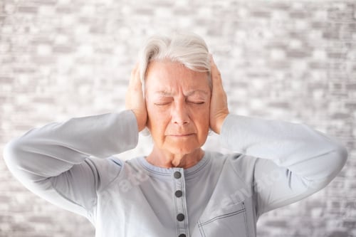 Preview: Desperate frustrated senior woman in pain with hands on ears, elderly woman alone at home suffering