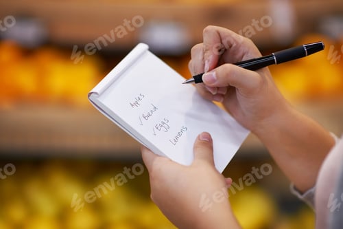 Preview: Closeup shot of a woman checking her shopping list in a grocery store