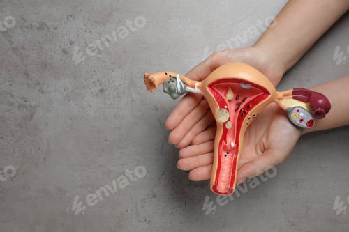 Preview: Woman with anatomical model of uterus at grey table, top view and space for text. Gynecology concept