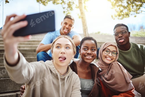 Preview: Students, funny faces or phone selfie on university steps, college campus or school bleachers for s