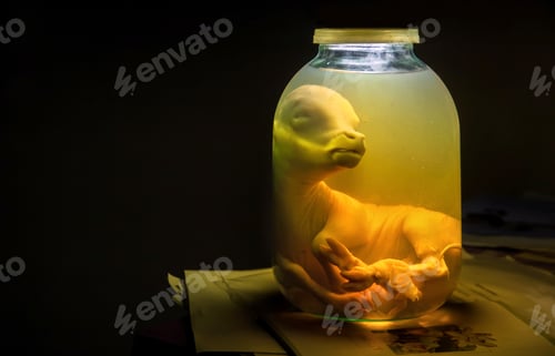 Preview: Calf embryo in glass jar with formalin. Veterinary preparation