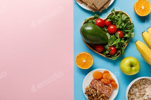 Preview: top view of diet food on blue and pink background with copy space