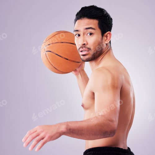 Preview: Portrait, playing basketball and a sports man in studio on a gray background for training or a game