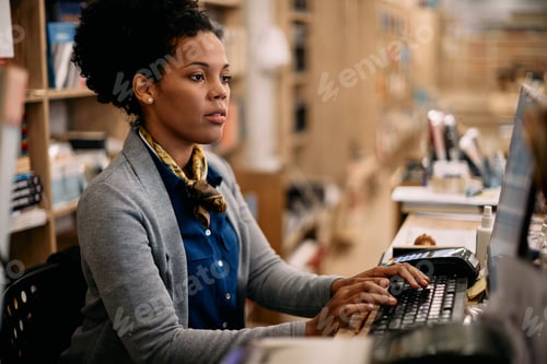 Preview: African American librarian working on a computer at university library.