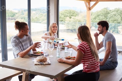 Preview: Young woman pouring wine for friends sitting at table celebrating during a dinner party, close up
