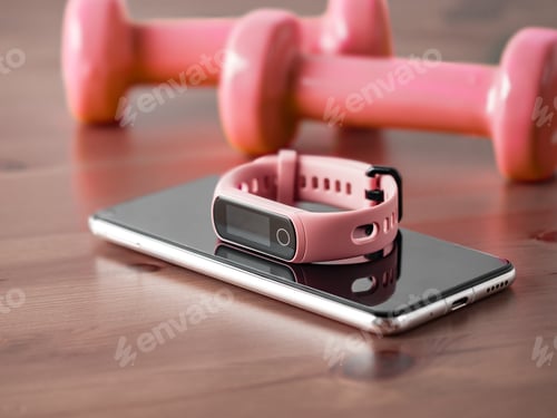 Preview: Fitness tracker on smartphone and pink colored dumb-bell on wooden tabletop