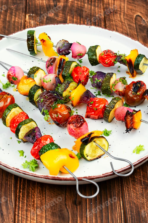 Preview: Plate with vegetables kebabs, BBQ.
