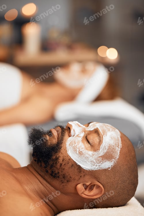 Preview: Spa facial, skincare and couple with face mask for luxury self care routine, glowing skin or wellne