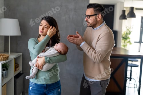 Preview: Couple having conflict financia problem postpartum depression. Marriage difficulties divorce concept