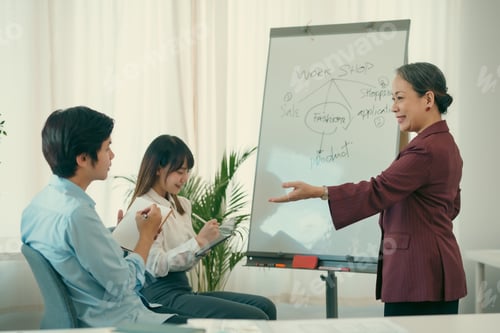 Preview: Group of asian designer talking and development ux app on mobile phone during the meeting in office.