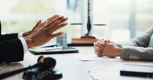 Preview: Meeting, office and hands of client and lawyer for legal consultation, contract and discussion. Cor